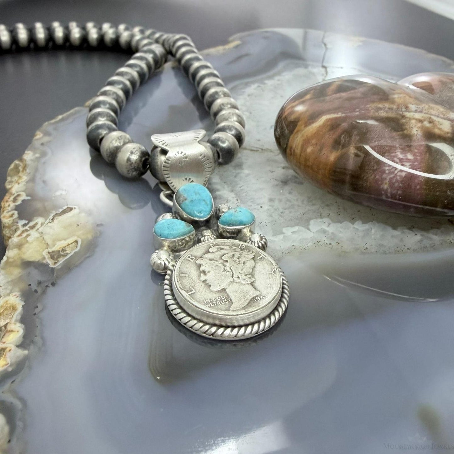 Genuine 1941 90% Silver Mercury Dime Coin Mohave Turquoise Unisex Pendant