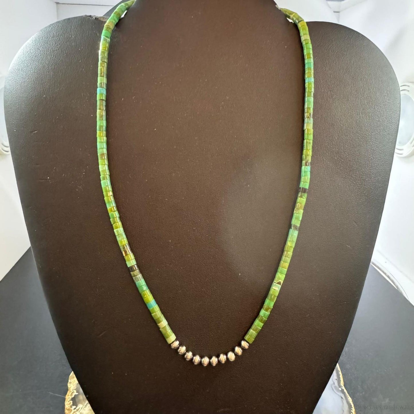 Native American Green Turquoise Beads 4mm w/10 Navajo Pearl Beads 18" Necklace