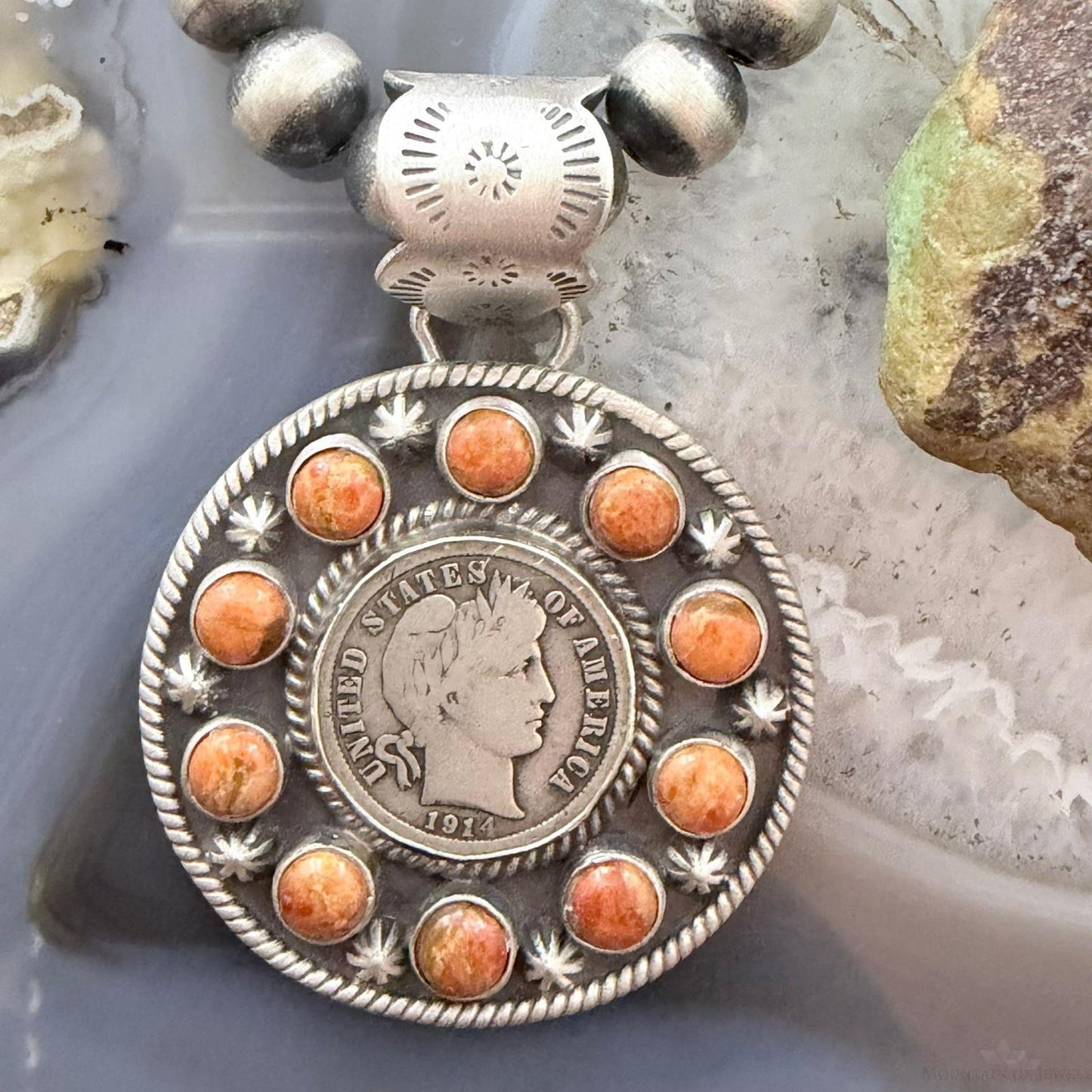 Genuine 1914 90% Silver Barber Head Dime Coin w/Orange Spiny Oyster Pendant