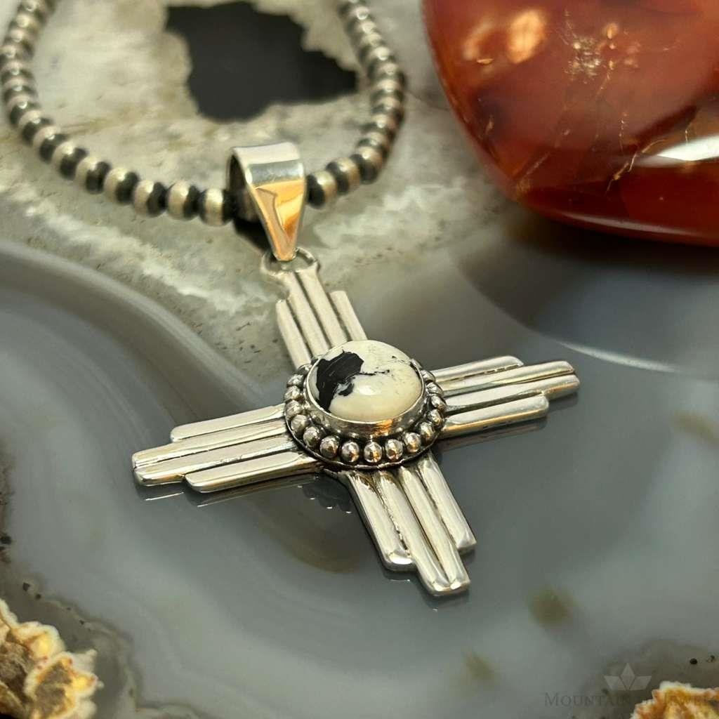 Sterling Silver Southwestern Style Round White Buffalo Unisex Zia Pendant #1