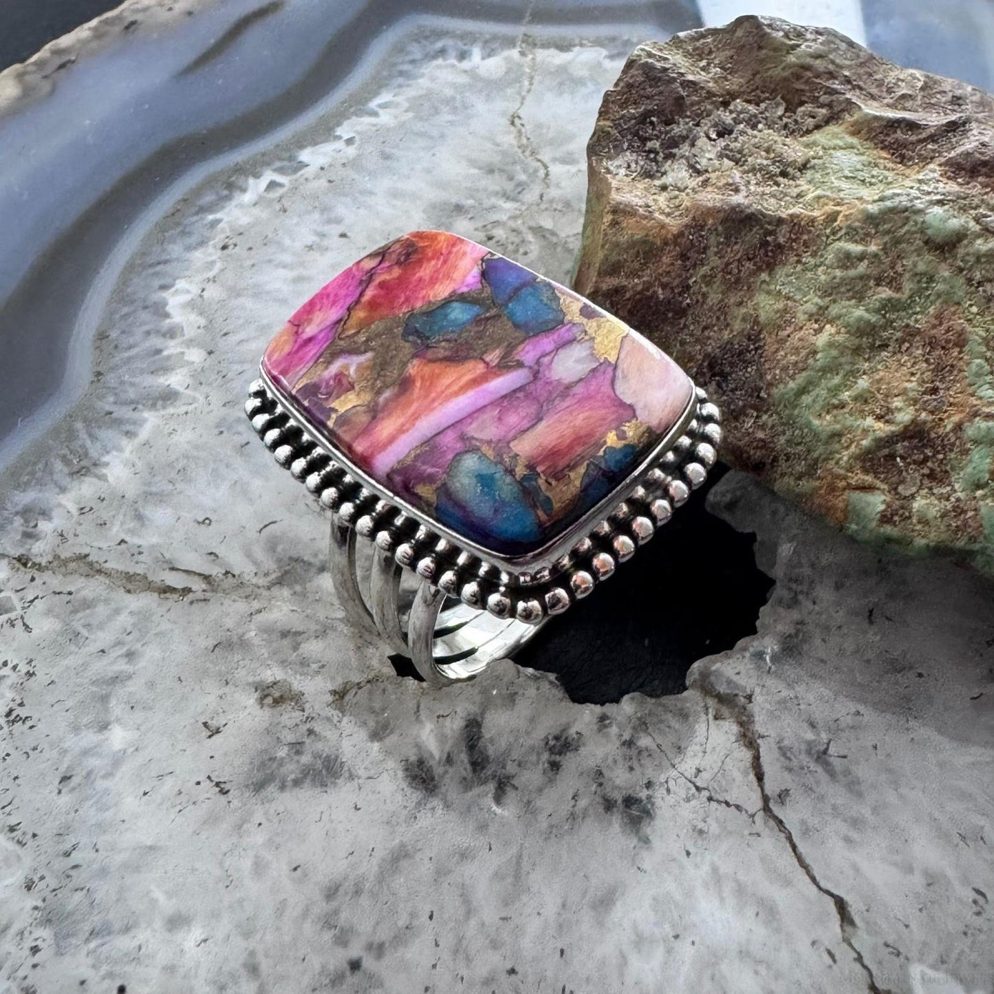 Sterling Silver Southwestern Style Rectangle Mohave Dahlia Ring Size 9.75 For Women