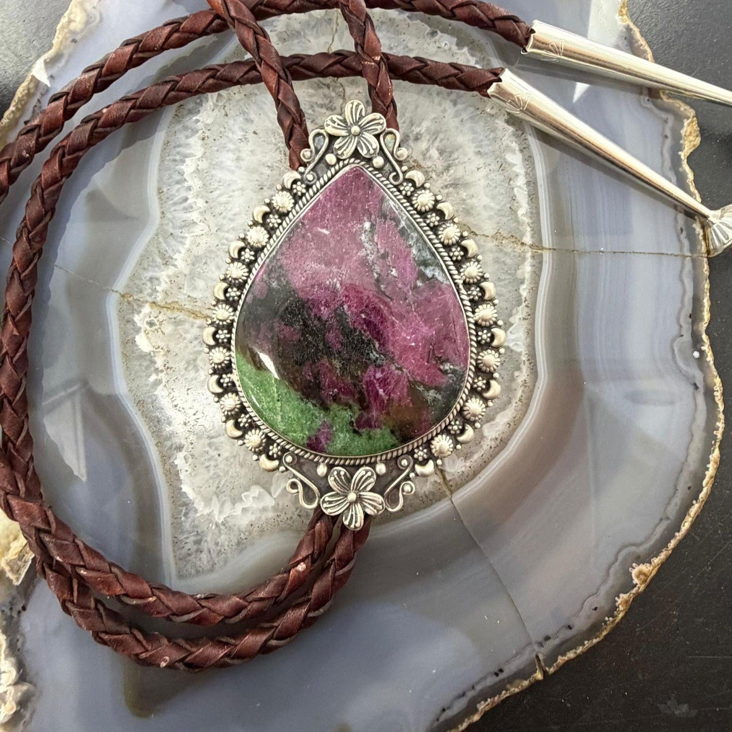 Sterling Silver Southwestern Style Large Teardrop Ruby Zoisite Bolo Tie For Men