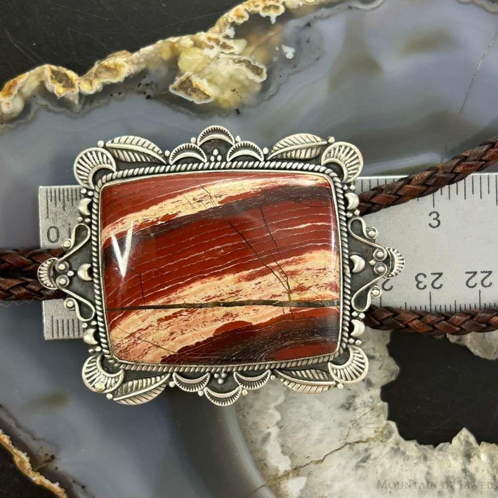 Sterling Silcer Southwestern Style Large Snake Skin Jasper Decorated Bolo Tie For Men