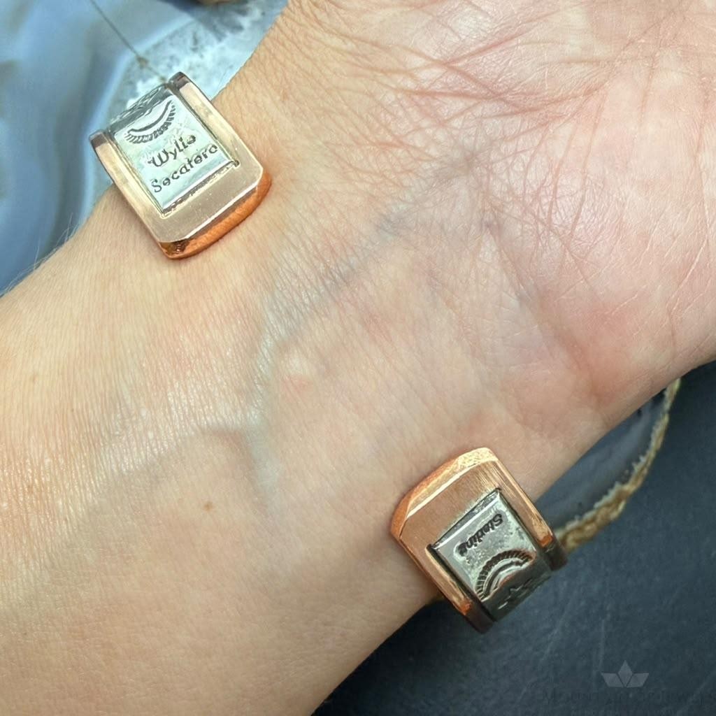 Wylie Secatero Navajo Sterling Silver & Copper Stamped Bear Bracelet For Men