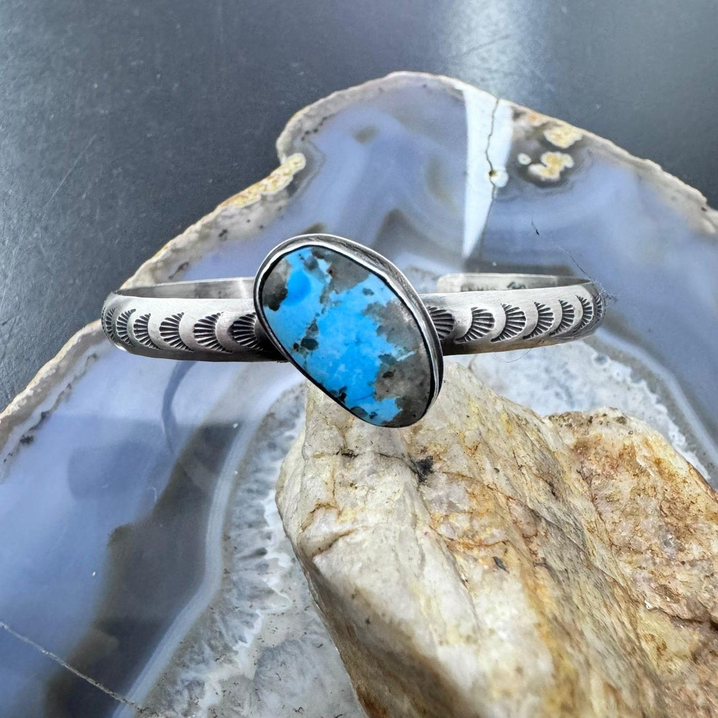 Native American Signed Sterling Silver Natural Turquoise Flexible Bracelet For Women