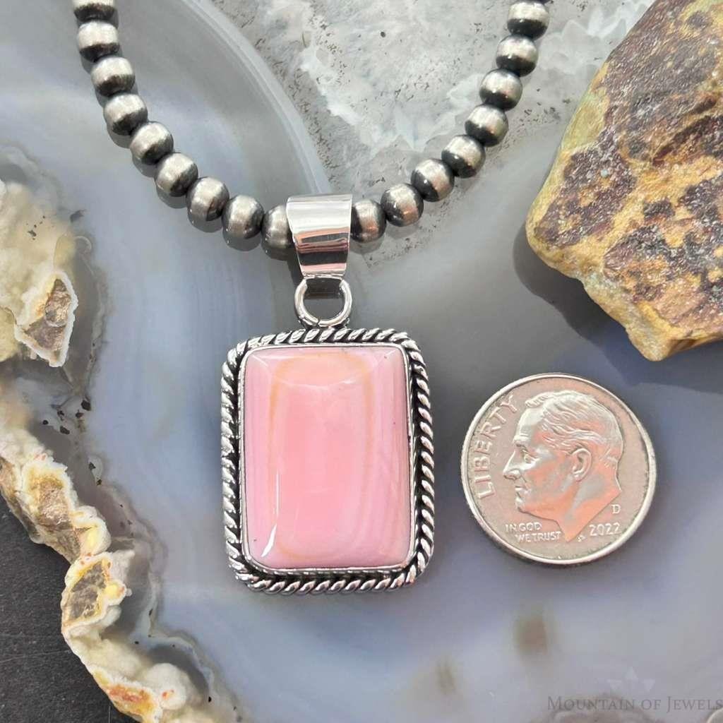 Native American Sterling Silver Rectangle Pink Conch Decorated Pendant For Women #1