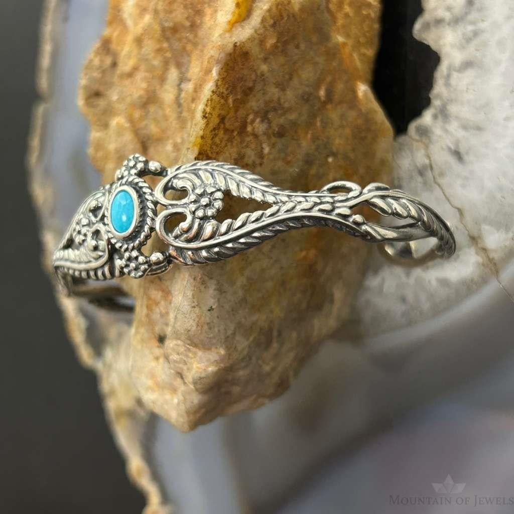 Carolyn Pollack Sterling Silver Turquoise Leaves & Floral Decorated Bracelet For Women