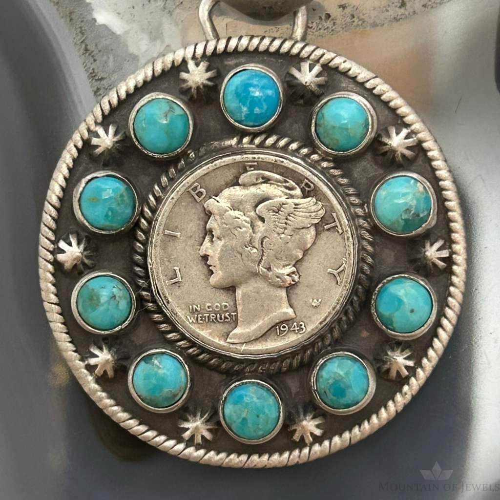 Genuine 1943 90% Silver Mercury Dime Coin Mohave Turquoise Unisex Pendant