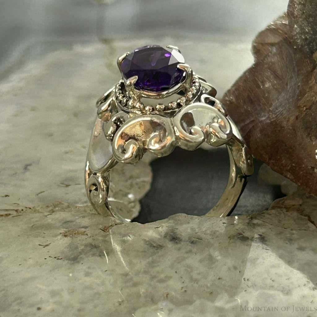Carolyn Pollack Sterling Silver Faceted Amethyst Decorated Ring Size 6, 9 For Women