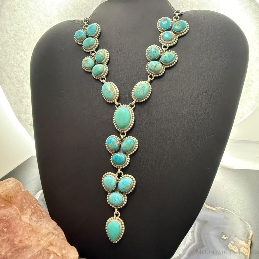 Sterling Silver Southwestern Style KingmanTurquoise Lariat Cluster 23" Necklace For Women