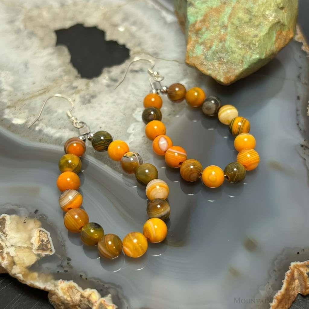 Sterling Silver Rounded Yellow Jasper Beads Hoop Dangle Earrings For Women