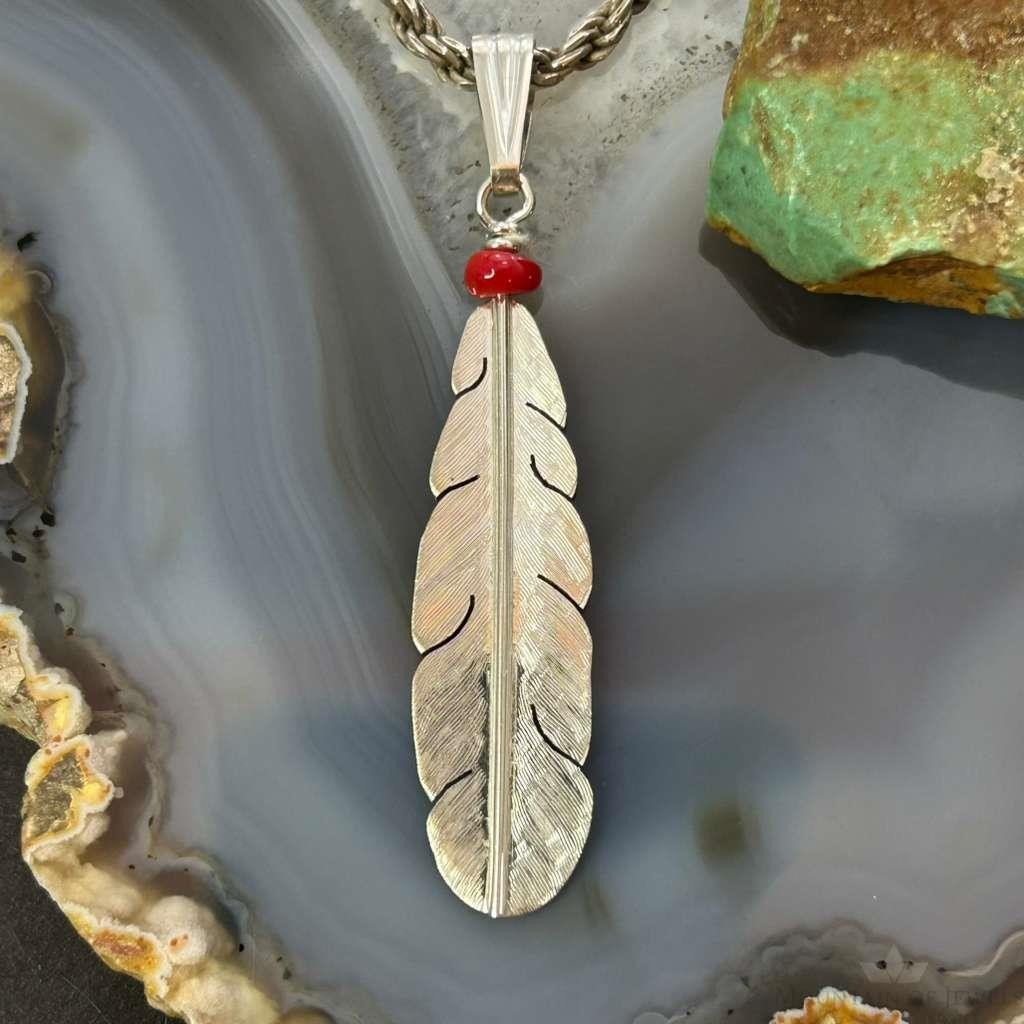 Anthony Gatewood Sterling Silver Coral Beads Feather Pendant For Women
