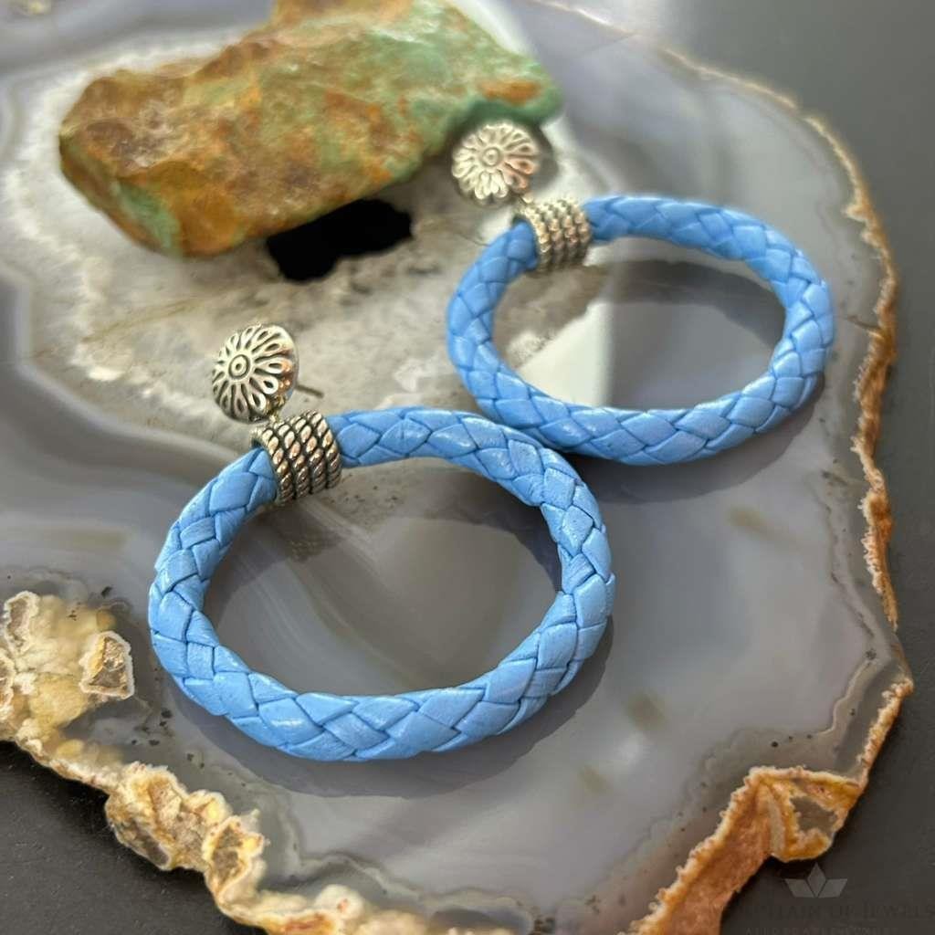 Carolyn Pollack Sterling Silver Light Blue Braided Leather Hoop Earrings For Women