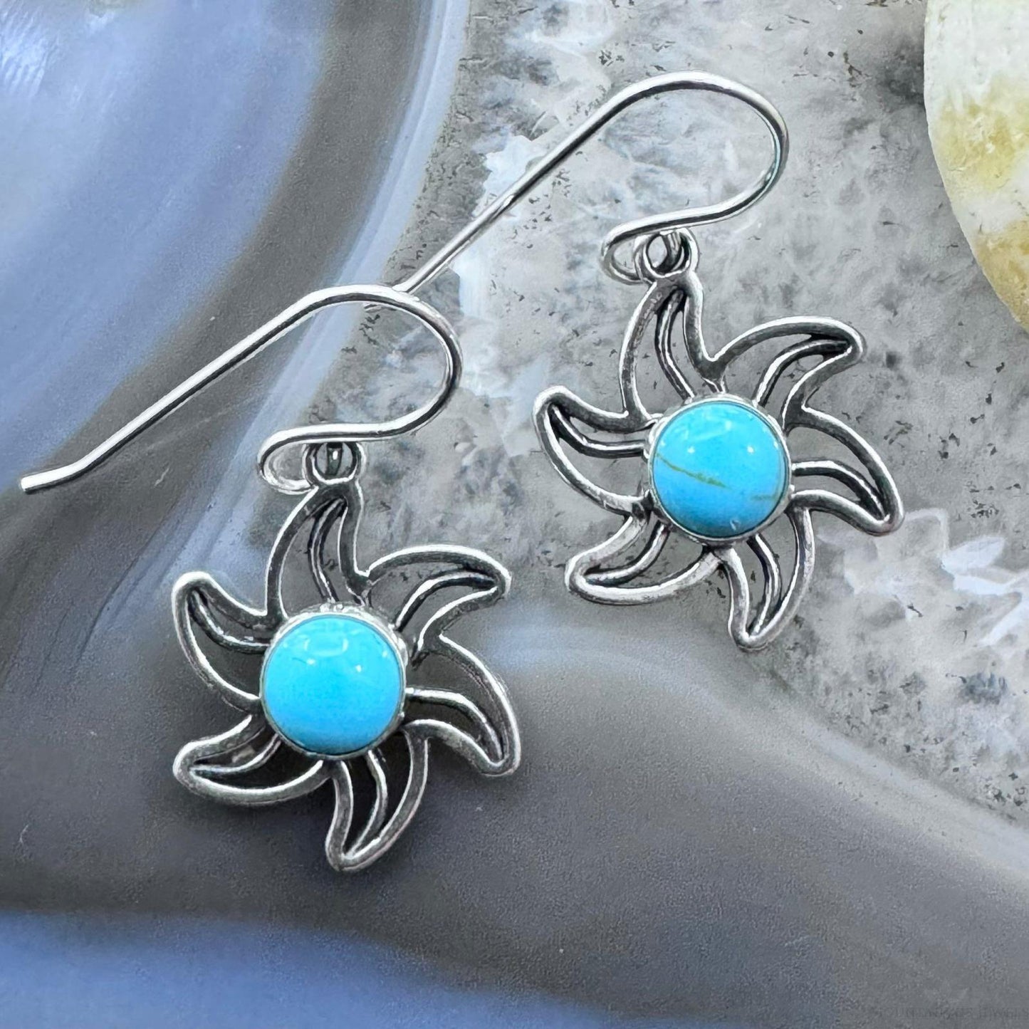 Sterling Silver Blue Turquoise Flower Dangle Earrings For Women