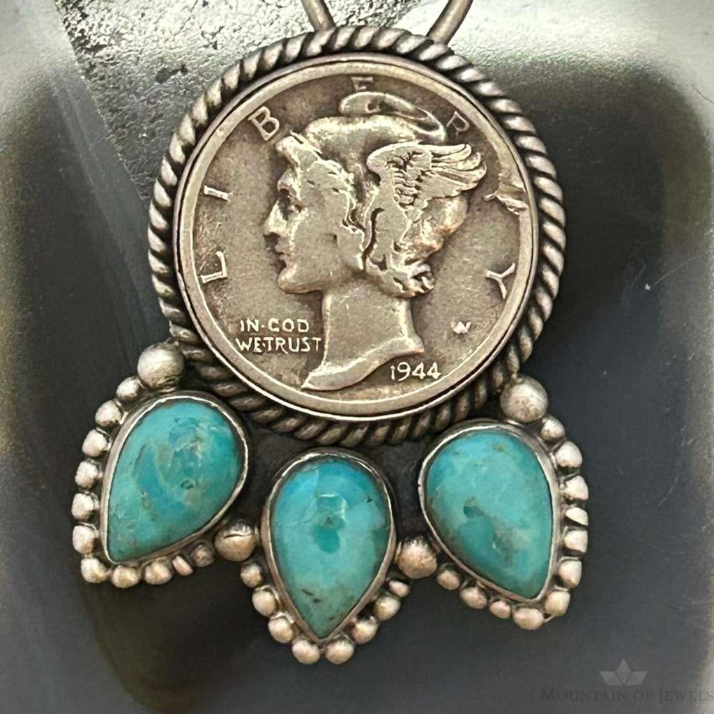 Genuine 1944 90% Silver Mercury Dime Coin Teardrop Mohave Turquoise Unisex Pendant