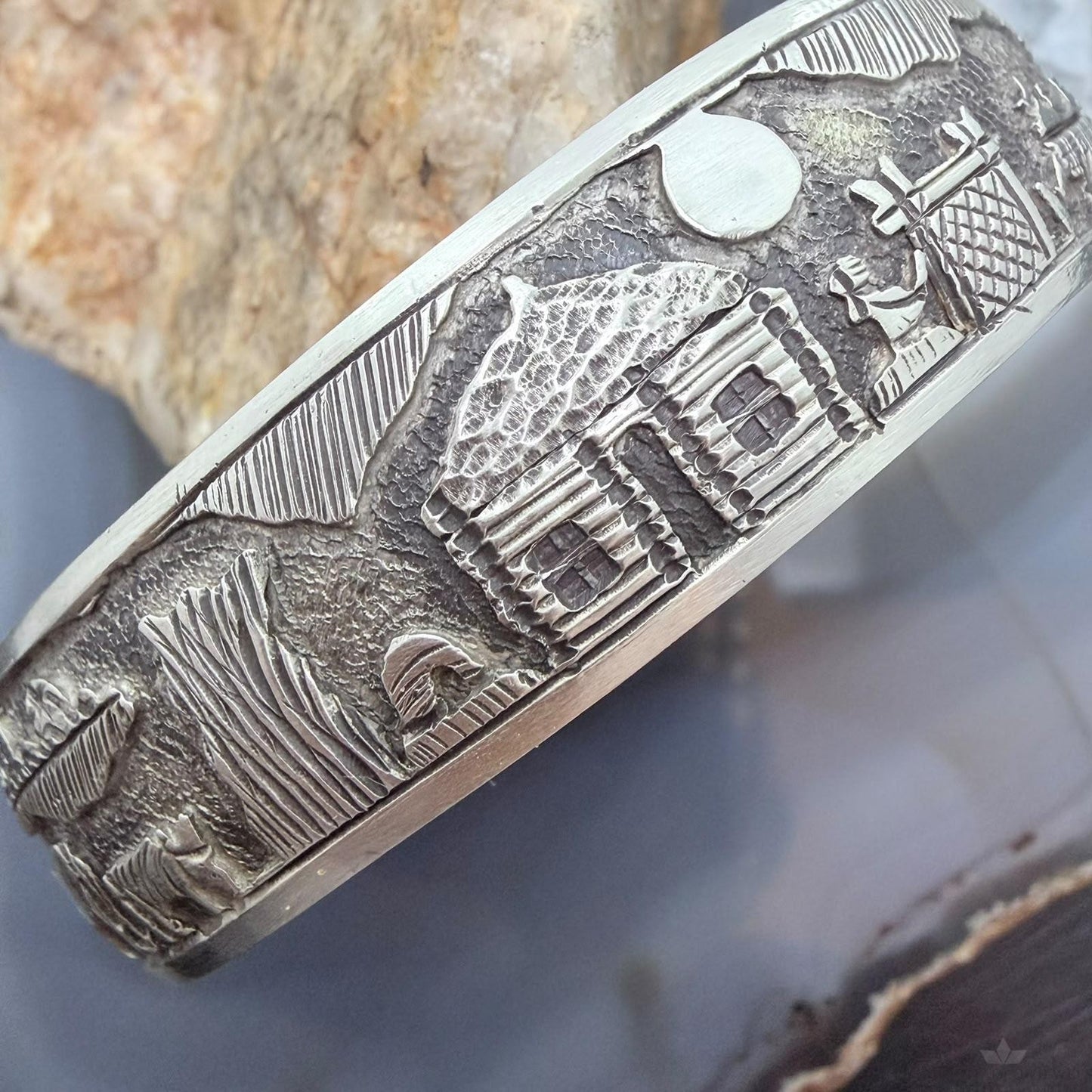 Alex Becenti Native American Sterling Silver Village Life Storyteller Unisex Bracelet