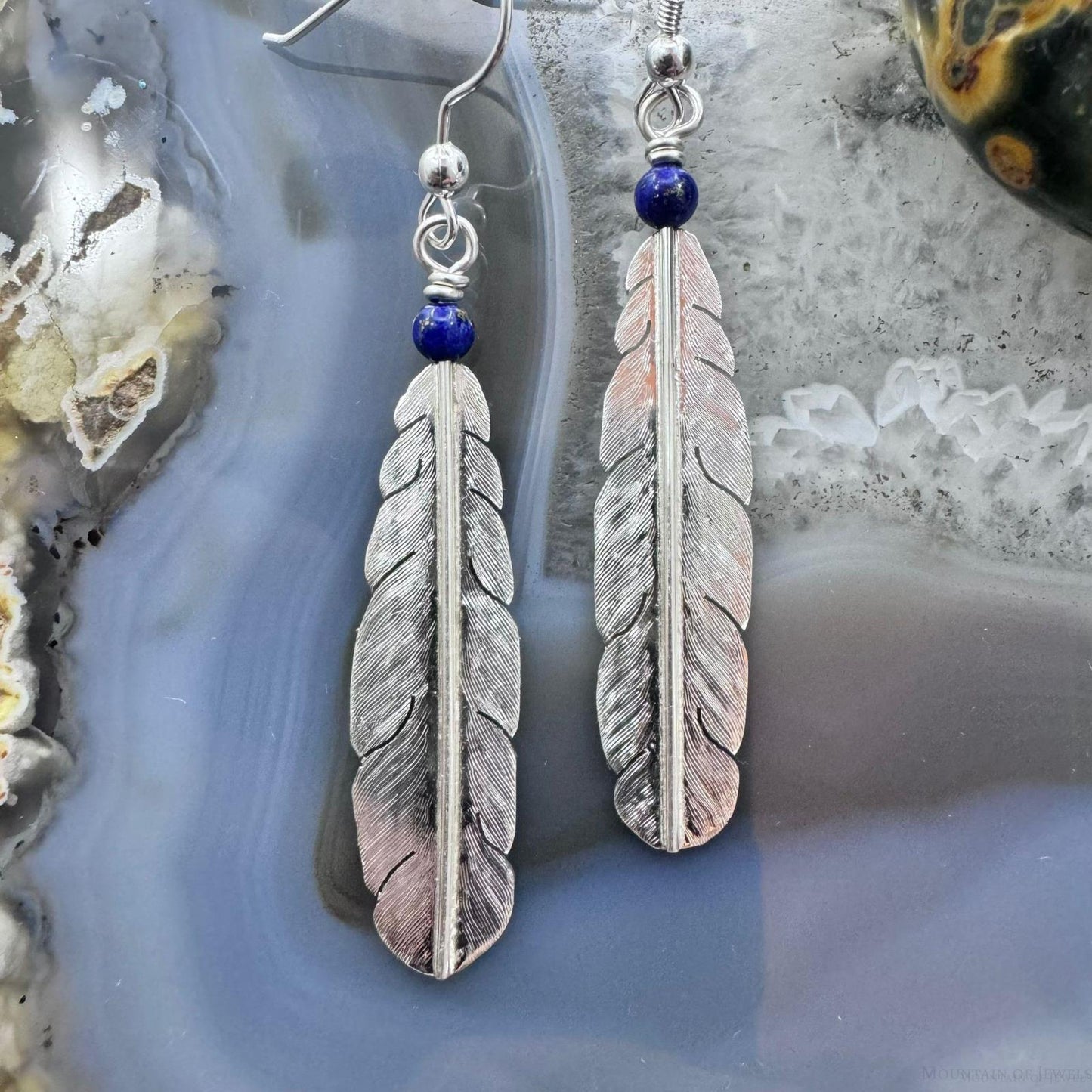 Anthony Gatewood Sterling Silver & Lapis Bead Feather Dangle Earrings For Women