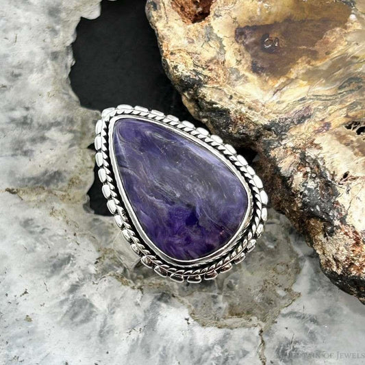 Sterling Silver Southwestern Style Teardrop Charoite Ring Size 7 For Women