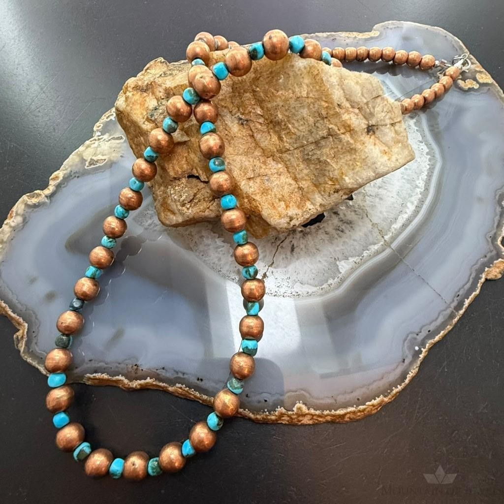 Copper Navajo Pearl Beads & Turquoise Beaded 20" Necklace For Women