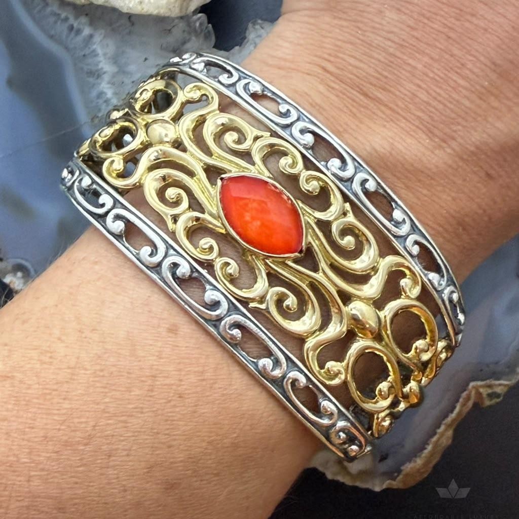 Carolyn Pollack Sterling Silver & Brass Marquise Coral Doublet Swirl Bracelet For Women