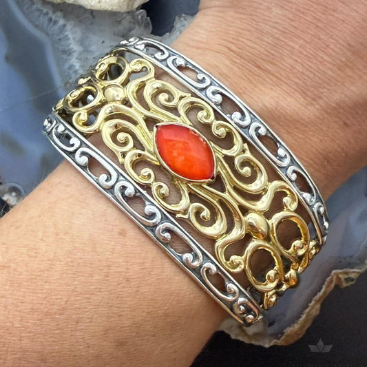 Carolyn Pollack Sterling Silver & Brass Marquise Coral Doublet Swirl Bracelet For Women