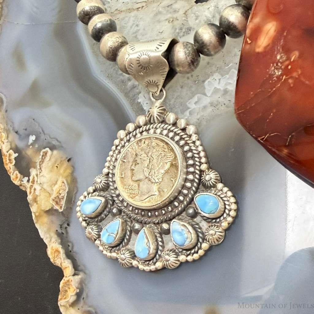 Sterling Silver Southwestern Style 1941 Mercury Dime & Golden Hill Turquoise Pendant