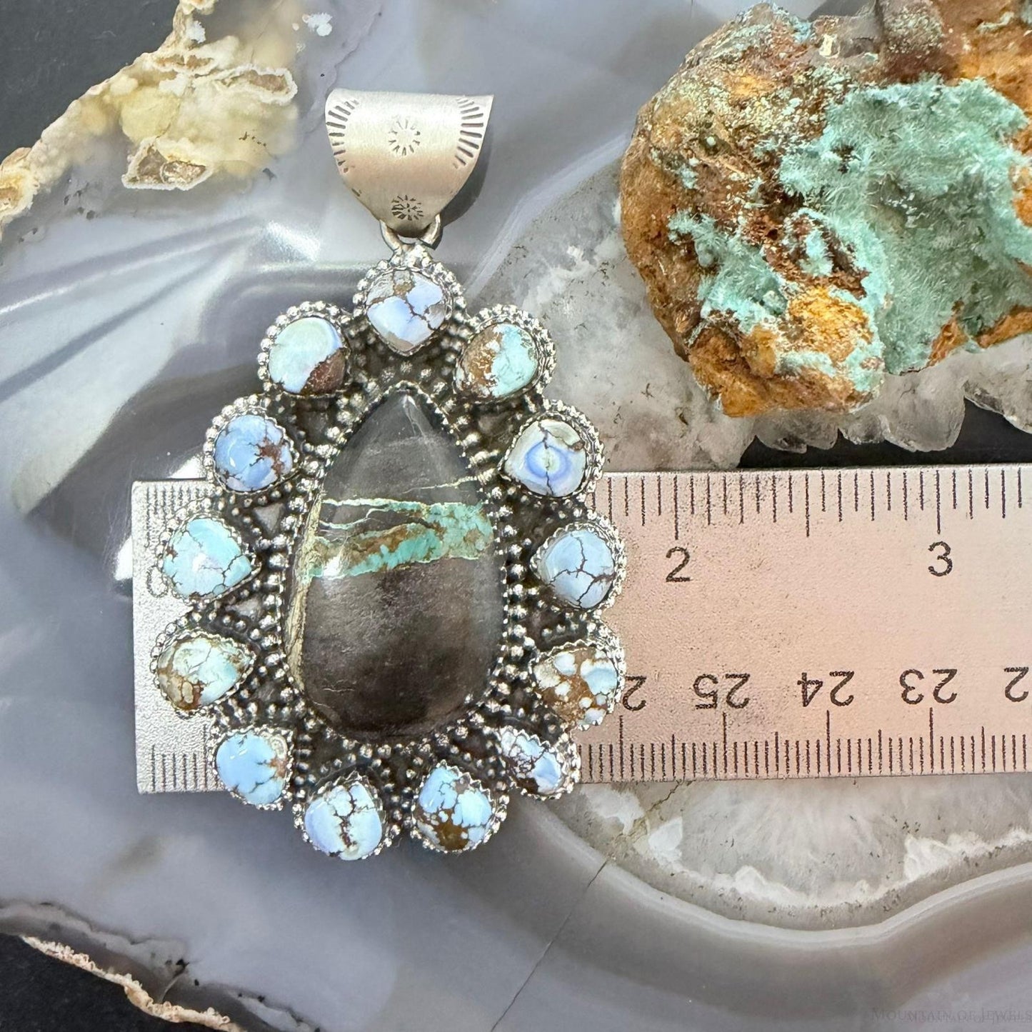 Sterling Silver Southwestern Style Teardrop Blackjack & Golden Hill Turquoise Pendant