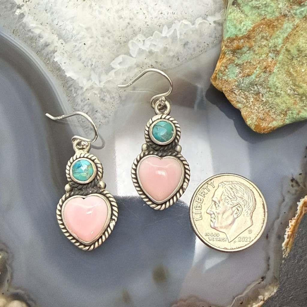 Sterling Silver Southwestern Style Pink Conch & Turquoise Dangle Earrings For Women