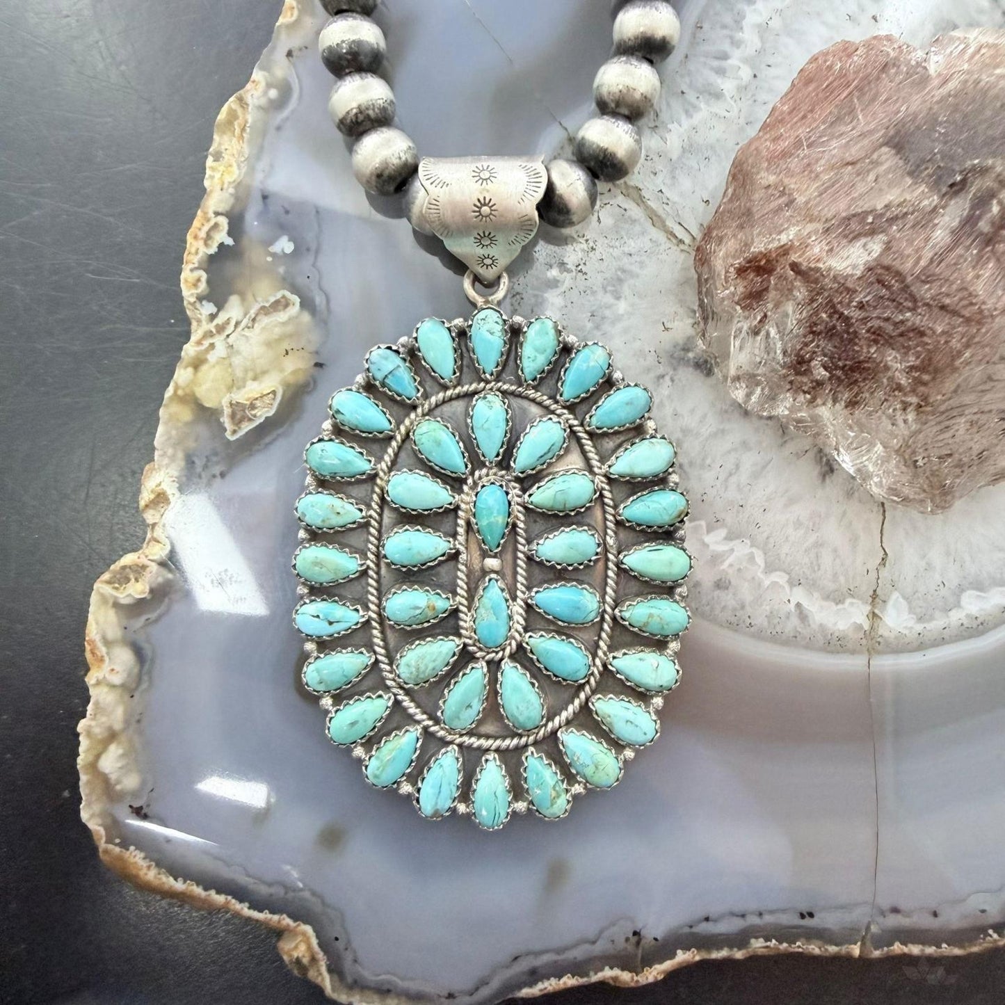 Sterling Silver Southwestern Style Turquoise Decorated Large Cluster Pendant For Women