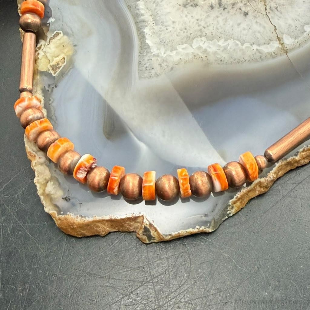 Copper Navajo Pearl Round & 25mm Cylinder w/Spiny Oyster Beads 20" Necklace For Women