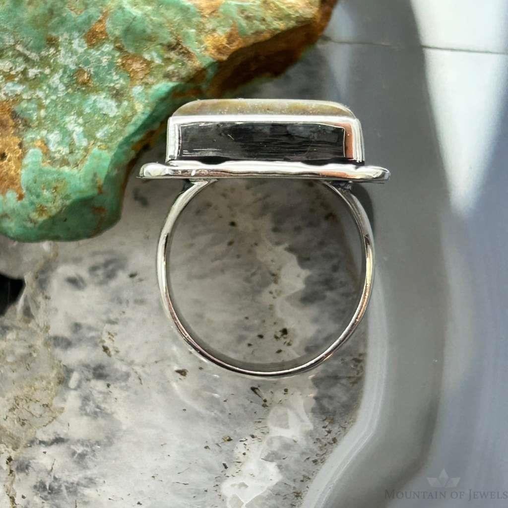 Native American Sterling Silver Rectangle Boulder Ribbon Turquoise Bar Ring Size 7.25 For Women