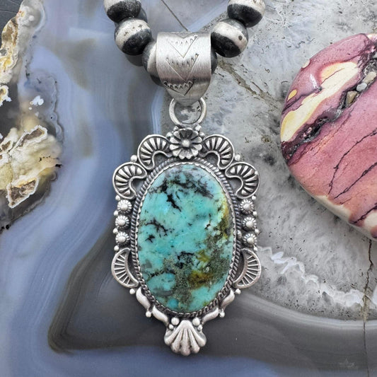 Sterling Silver Southwestern Style Oval Emerald Decorated Pendant For Women