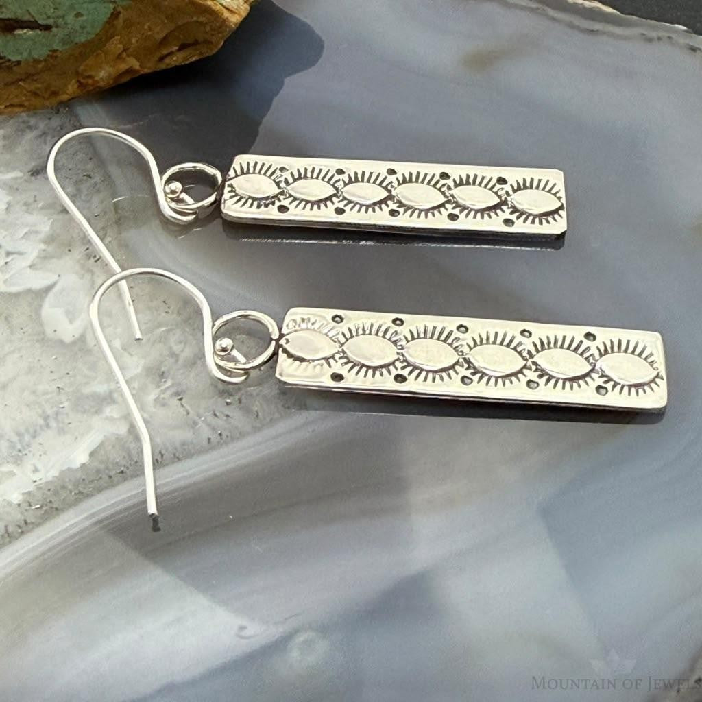 Michael Nez Native American Sterling Silver Rectangle Dangle Earrings For Women