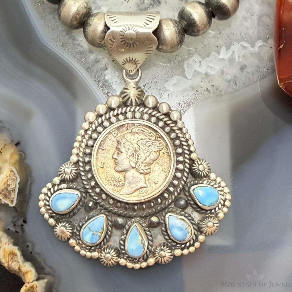 Sterling Silver Southwestern Style 1941 Mercury Dime & Golden Hill Turquoise Pendant