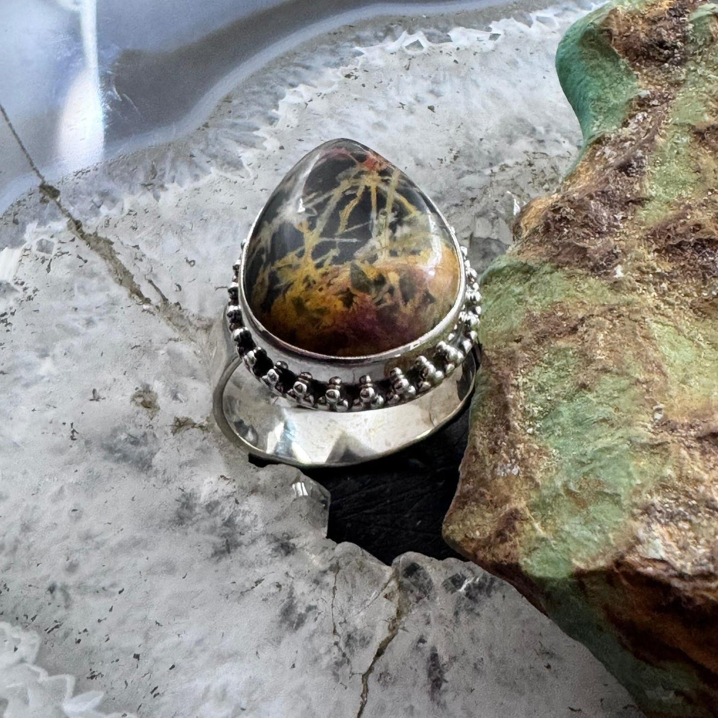 Sterling Silver Southwestern Style Teardrop Pilbara Picasso Jasper Ring Size 11 For Women