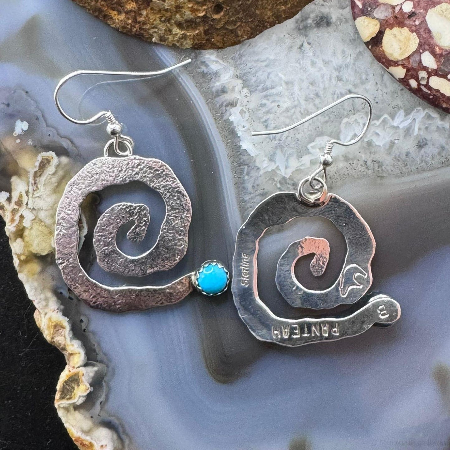 Brad Panteah Sterling Silver Turquoise Hammered Spiral Dangle Earrings For Women