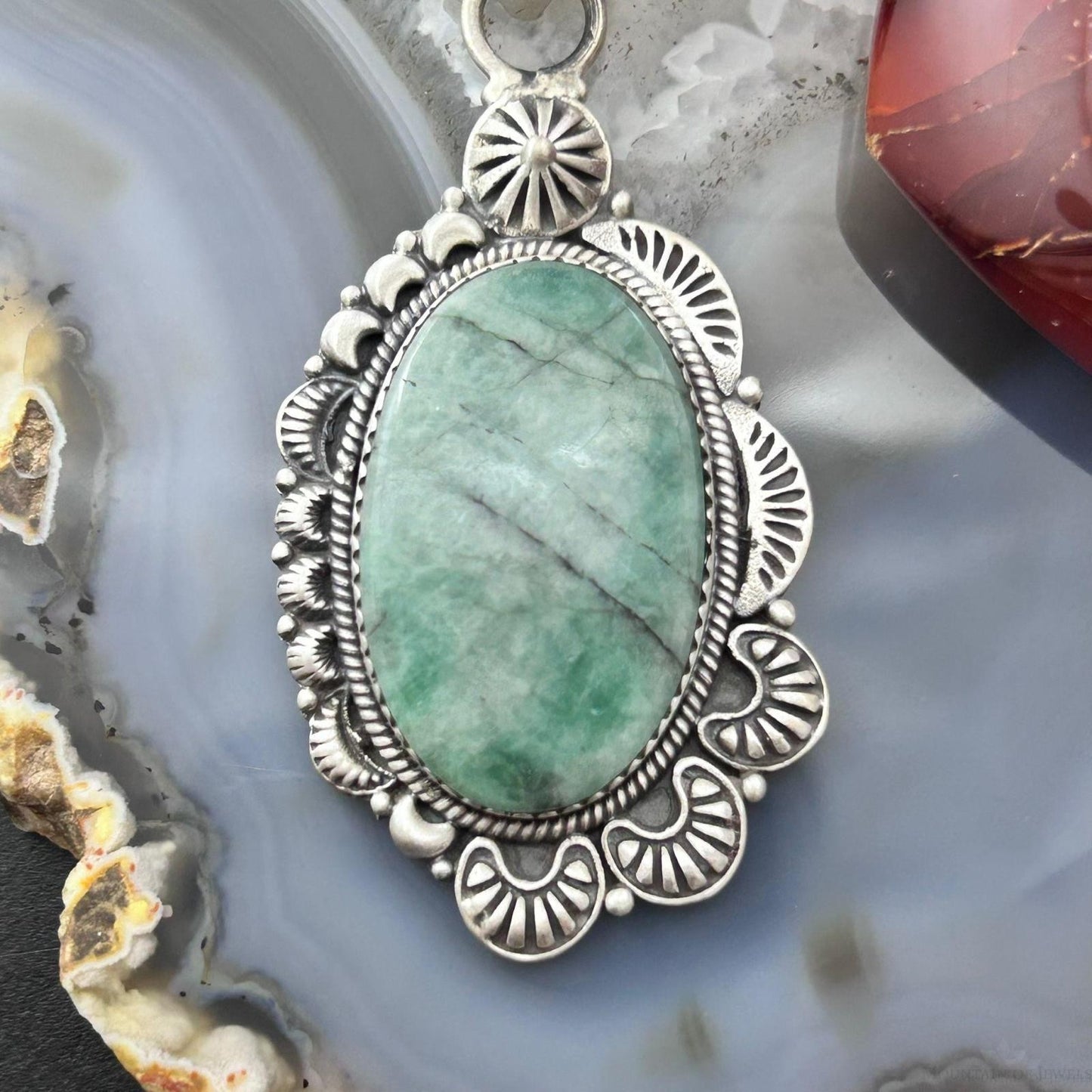 Sterling Silver Southwestern Style Oval Emerald Decorated Pendant For Women