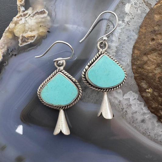 Sterling Silver Southwestern Style Turquoise Squash Blossom Dangle Earrings For Women