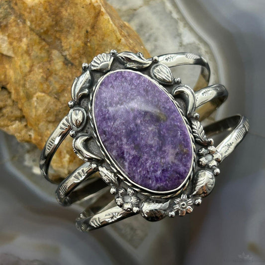 Sterling Silver Southwestern Style Oval Charoite Decorated Bracelet For Women
