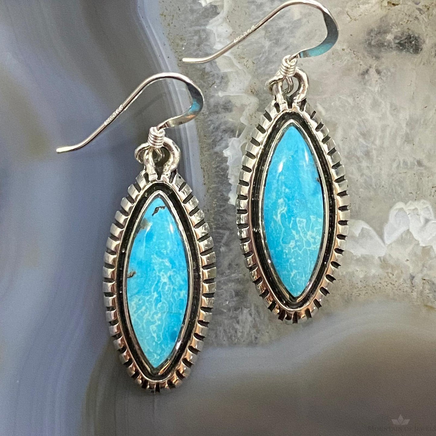 Native American Sterling Silver Marquise Blue Ridge Turquoise Dangle Earrings For Women #2