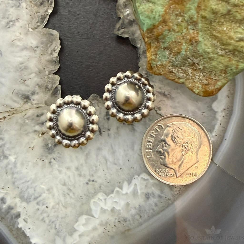 Native American Sterling Silver Round Dome Decorated Stud Earrings For Women