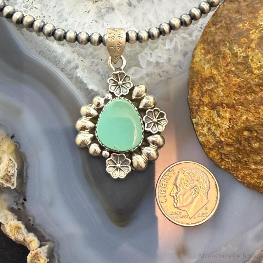 Sterling Silver Southwestern Style Turquoise w/Flower Decorated Pendant For Women