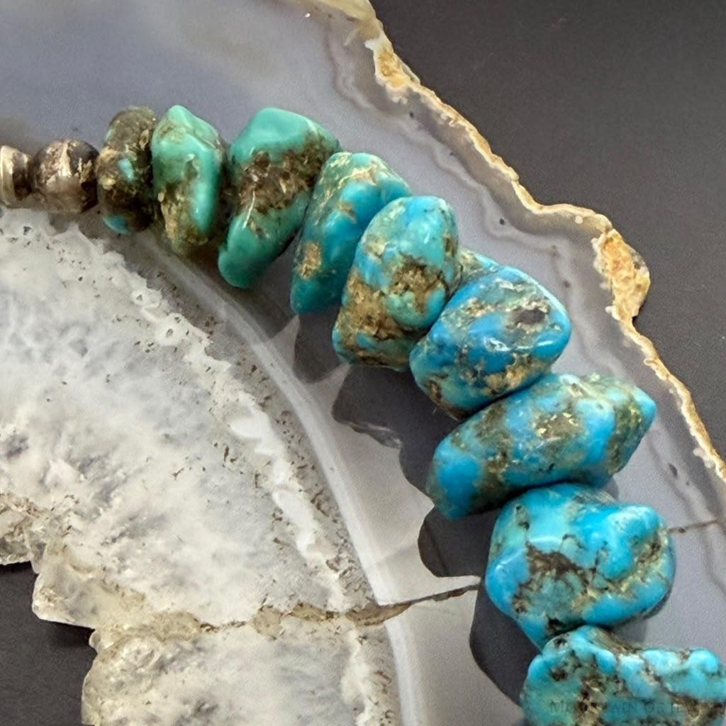 Vintage Native American Silver Rough Graduated kingman Turquoise 18" Necklace For Women
