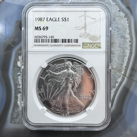 1987 US 1.0oz Fine Silver American Eagle NGC MS69 #6036795-145EG