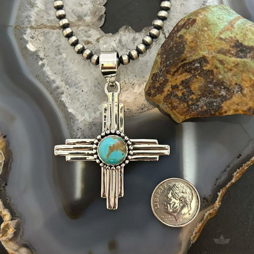 Sterling Silver Southwestern Style Round Mohave Turquoise Unisex Zia Pendant #2
