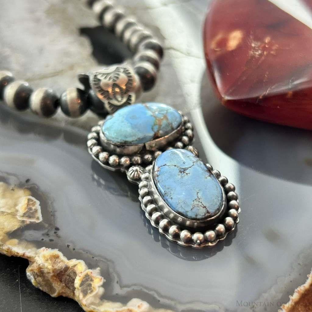 Native American Sterling Silver Double Oval Golden Hill Turquoise Pendant For Women