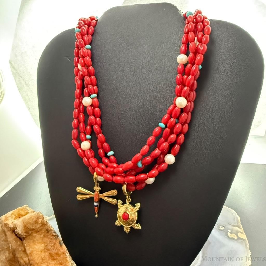 Carolyn Pollack Brass 5 Strands Red Jasper Beads w/Enhancer Necklace For Women