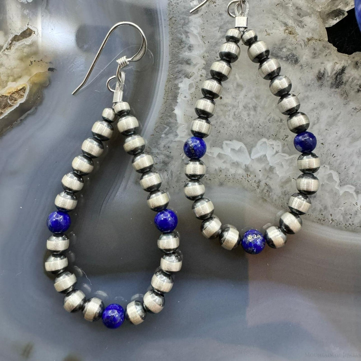 Sterling Silver Navajo Pearl Beads & Lapis Hoop Dangle Earrings For Women