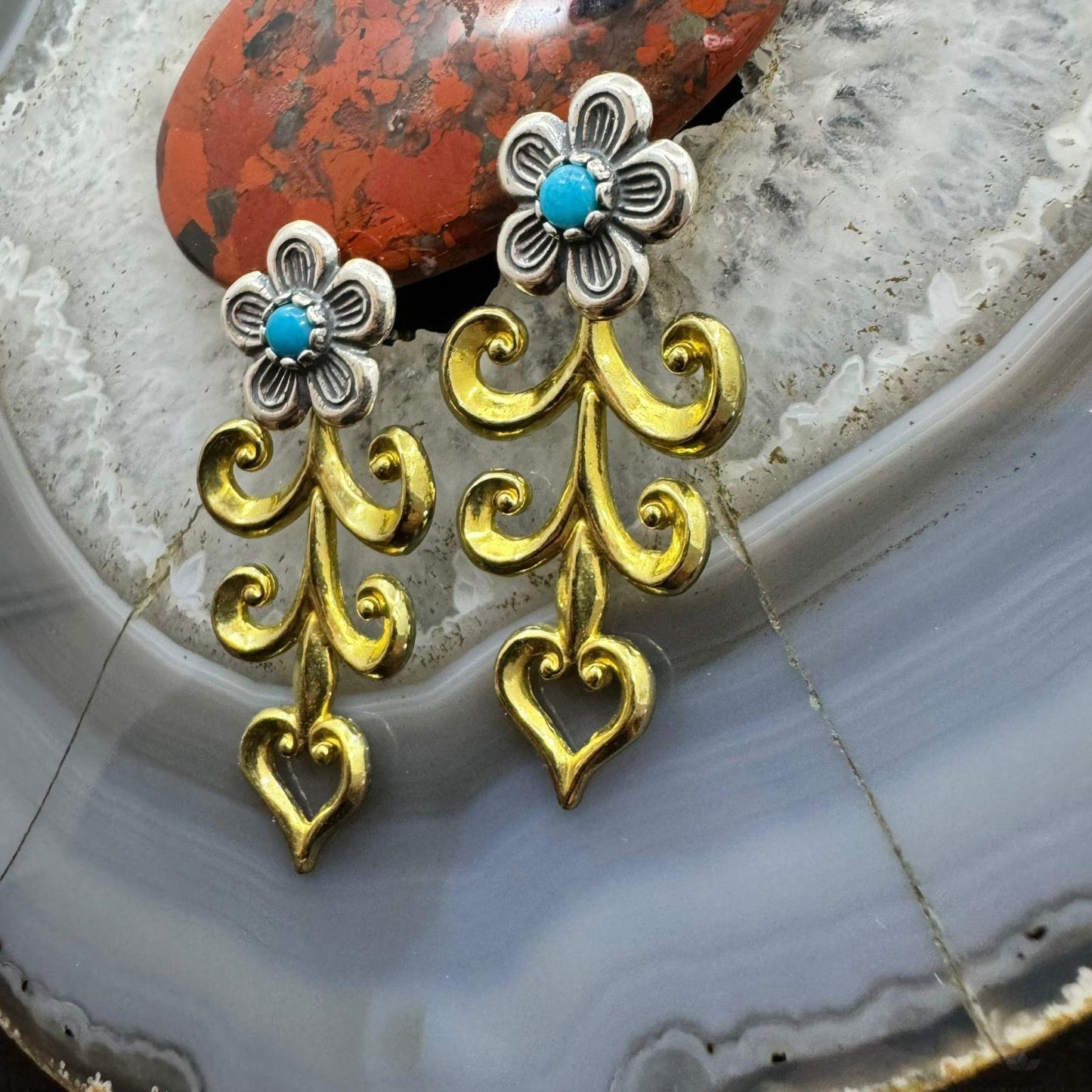 Carolyn Pollack Sterling Silver & Brass w/Turquoise Floral Post Earrings For Women