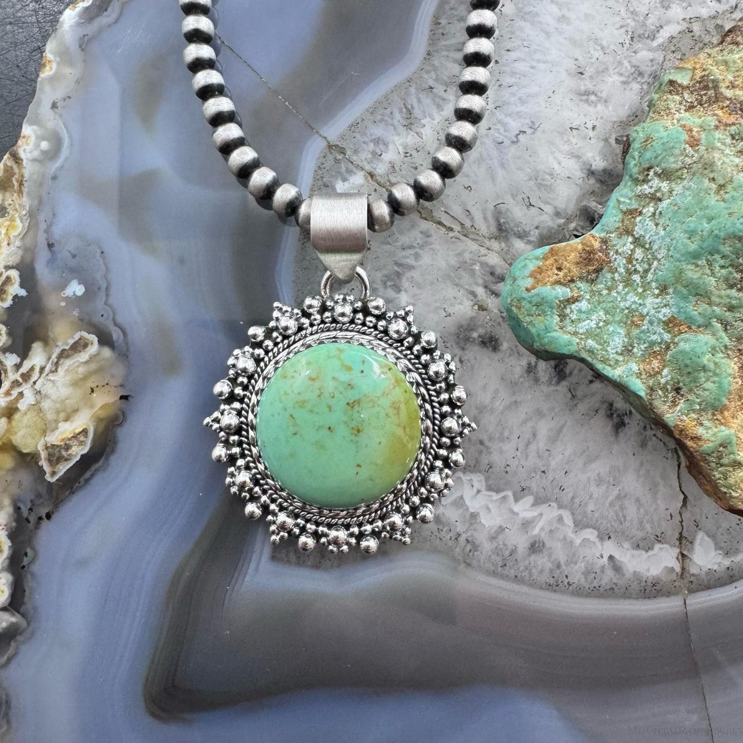 Sterling Silver Southwestern Style Round Green Turquoise Decorated Pendant For Women
